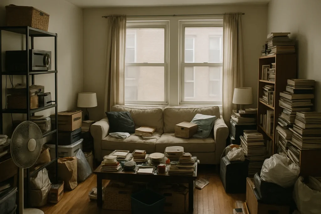 Appartement encombré avec piles d'objets et lumière douce entrant par la fenêtre