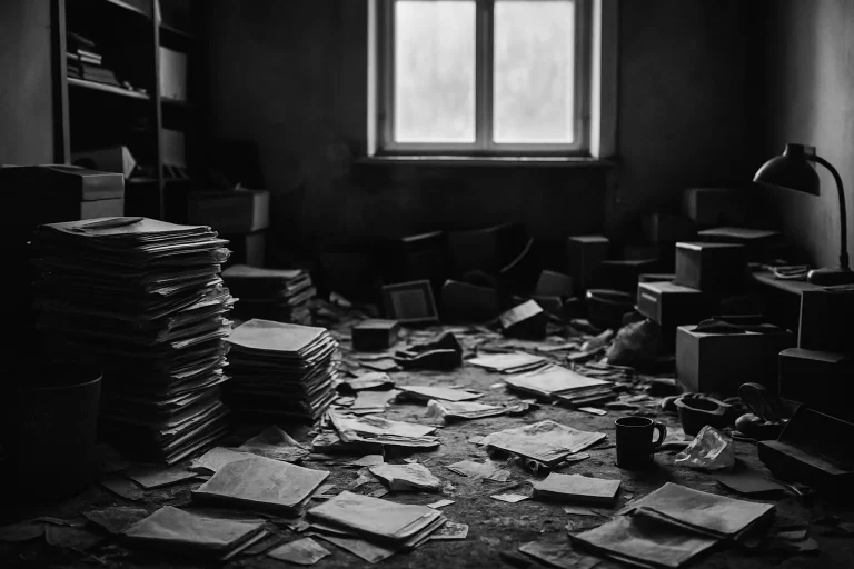 Pièce encombrée avec piles de journaux et objets divers, lumière par fenêtre.