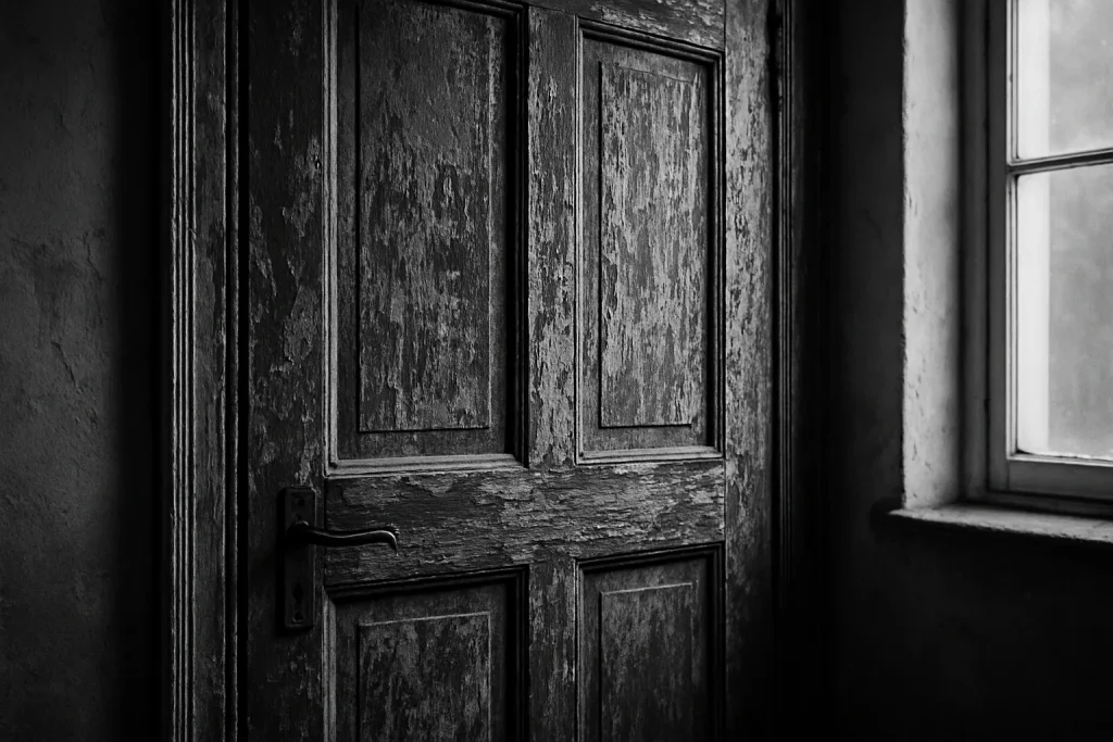 Image en noir et blanc d'une porte d'entrée usée dans un logement dangereux.