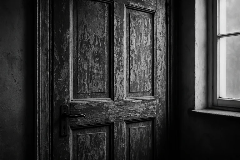 Image en noir et blanc d'une porte d'entrée usée dans un logement dangereux.