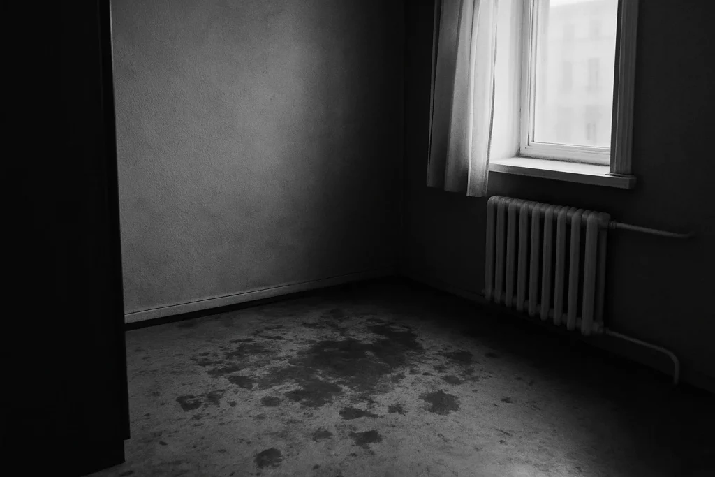 Coin d'appartement avec un sol taché par l'urine animale, lumière douce.