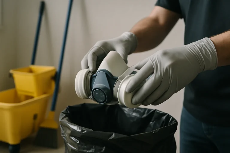 Mains gantées tenant un masque respiratoire et un sac poubelle, outils de nettoyage en arrière-plan