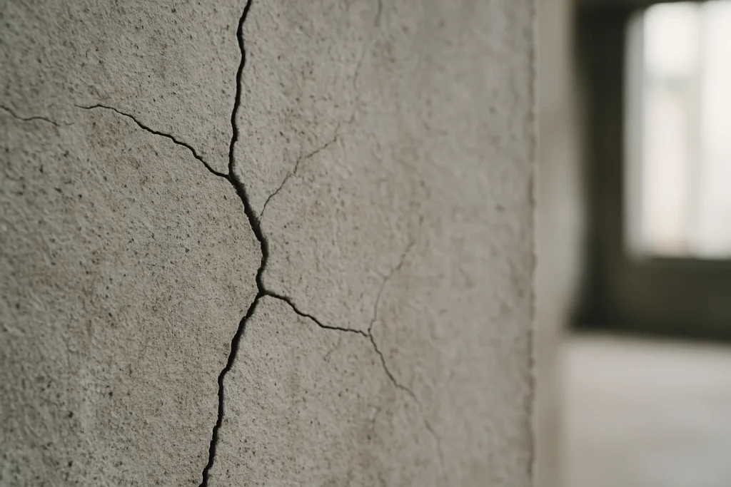 Gros plan d'un mur en béton avec des fissures, lumière naturelle, texture visible.