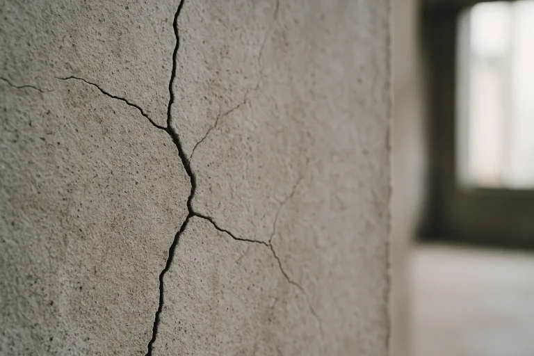 Gros plan d'un mur en béton avec des fissures, lumière naturelle, texture visible.