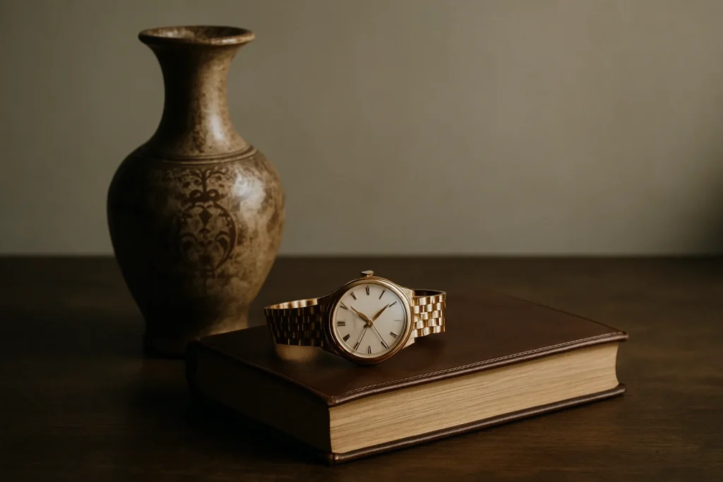 Vase ancien, montre en or, et livre en cuir sur une table avec lumière douce.