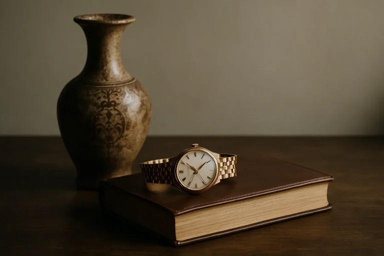 Vase ancien, montre en or, et livre en cuir sur une table avec lumière douce.