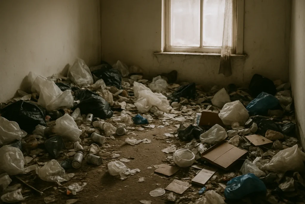 Pièce encombrée de déchets divers, lumière douce, fenêtre obstruée.