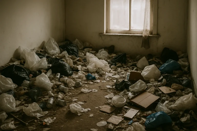 Pièce encombrée de déchets divers, lumière douce, fenêtre obstruée.