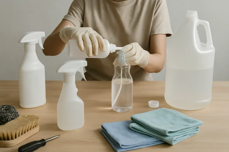 Mains avec gants préparant des produits de nettoyage sur une table avant un nettoyage extrême