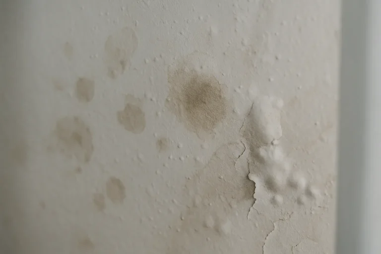 Gros plan d'un panneau de placo avec des taches d'humidité et des déformations visibles.