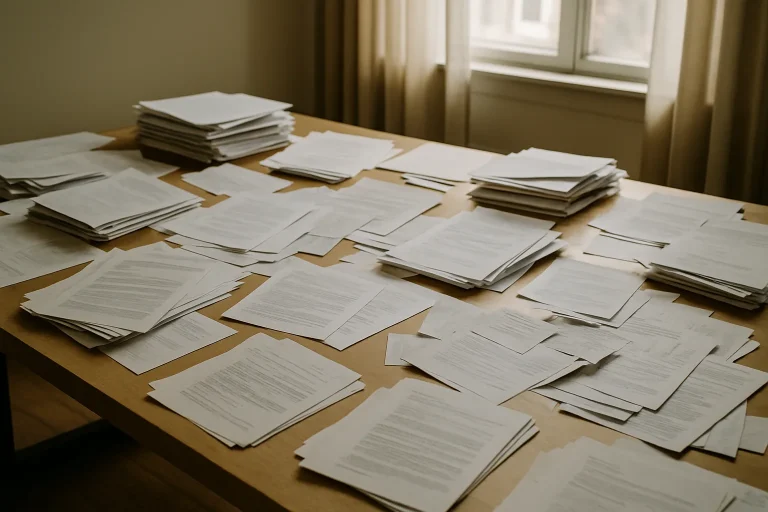 Table avec divers papiers et documents empilés, éclairée par une lumière douce.
