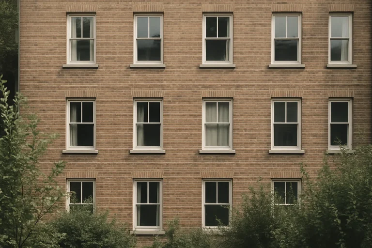 Façade d'un immeuble résidentiel en briques, lumière du jour, végétation urbaine.