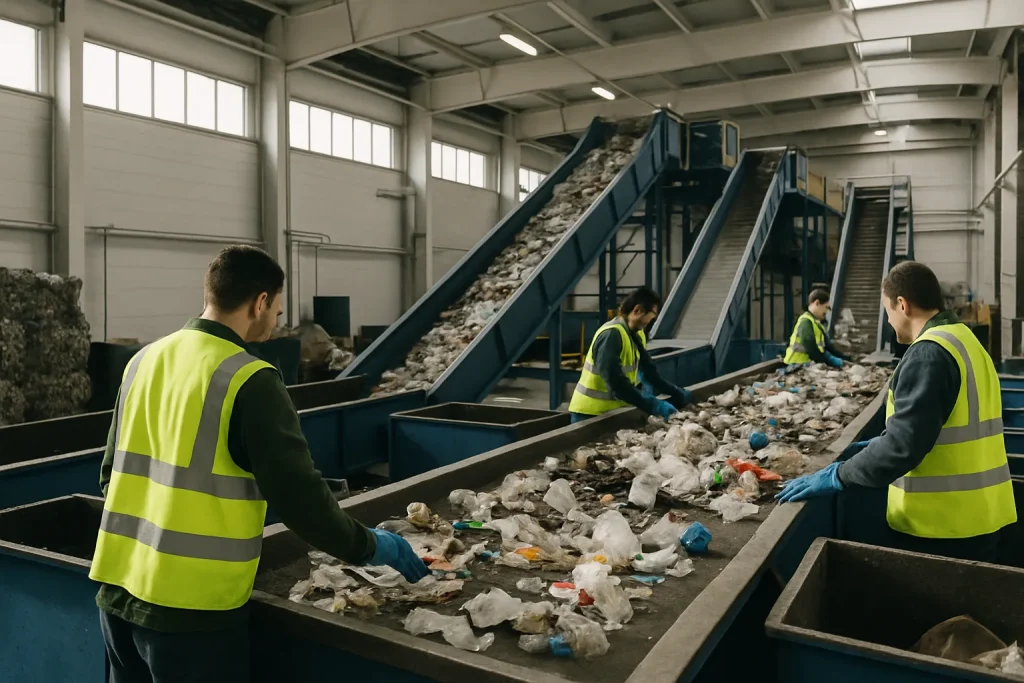 Centre de tri des déchets avec des travailleurs en gilets de sécurité triant divers matériaux recyclables sur des convoyeurs.