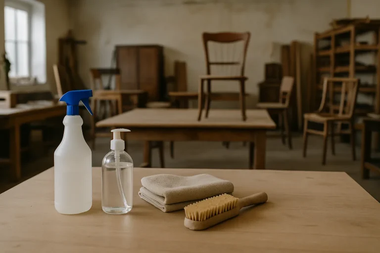 Atelier de restauration de meubles avec outils de désinfection