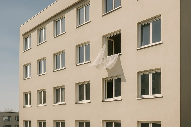 Vue extérieure d'un immeuble avec une fenêtre ouverte laissant apparaître un rideau flottant.