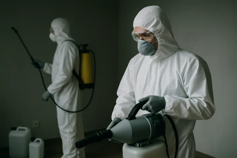 Techniciens en combinaison intégrale désinfectant une pièce après un décès à domicile.