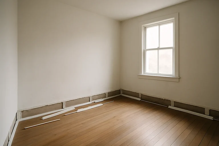 Plinthes partiellement retirées dans une pièce vide avec parquet visible et lumière douce