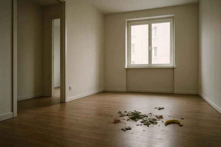 Intérieur d'un appartement vide avec traces de déchets organiques sur le sol, lumière douce entrant par une fenêtre.