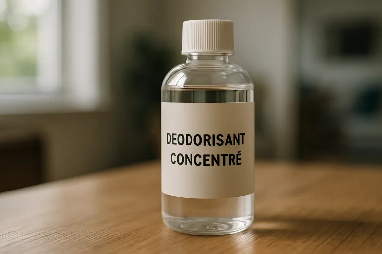 Flacon de désodorisant concentré sur une surface en bois, lumière naturelle
