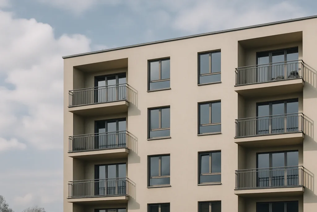 Façade d'un immeuble résidentiel éclairé par la lumière du jour, avec fenêtres et balcons.