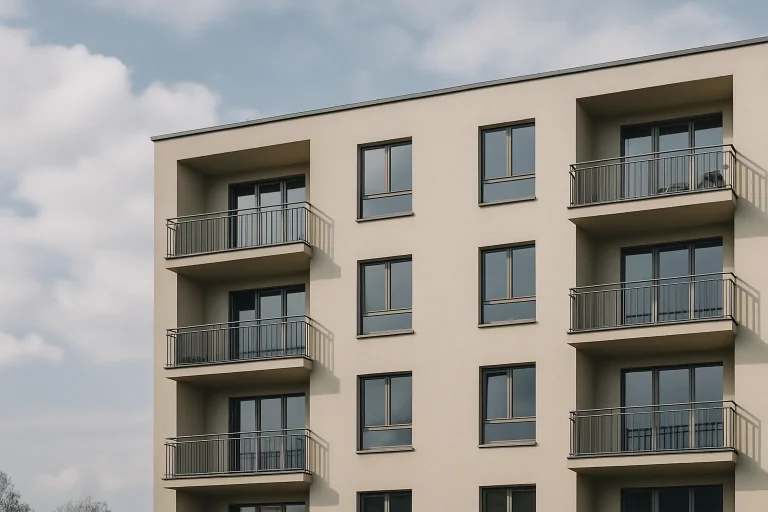 Façade d'un immeuble résidentiel éclairé par la lumière du jour, avec fenêtres et balcons.