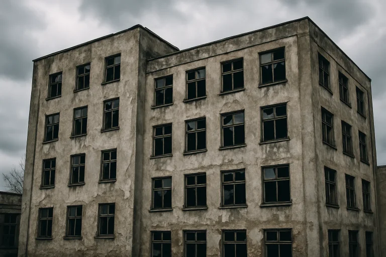 Vue extérieure d'un bâtiment délabré avec façades décrépies et fenêtres cassées.