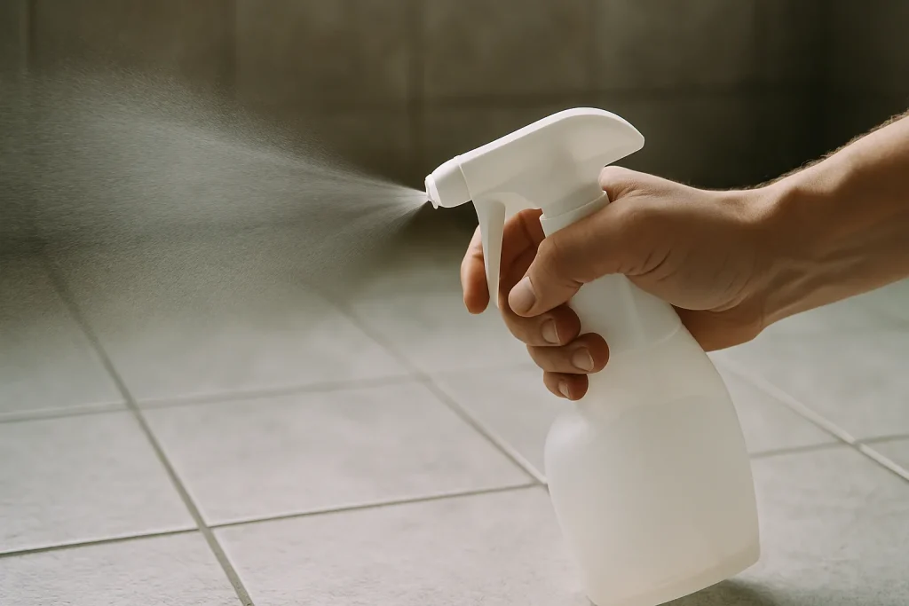 Main utilisant un spray nettoyant sur un sol carrelé pour éliminer les odeurs de chats.