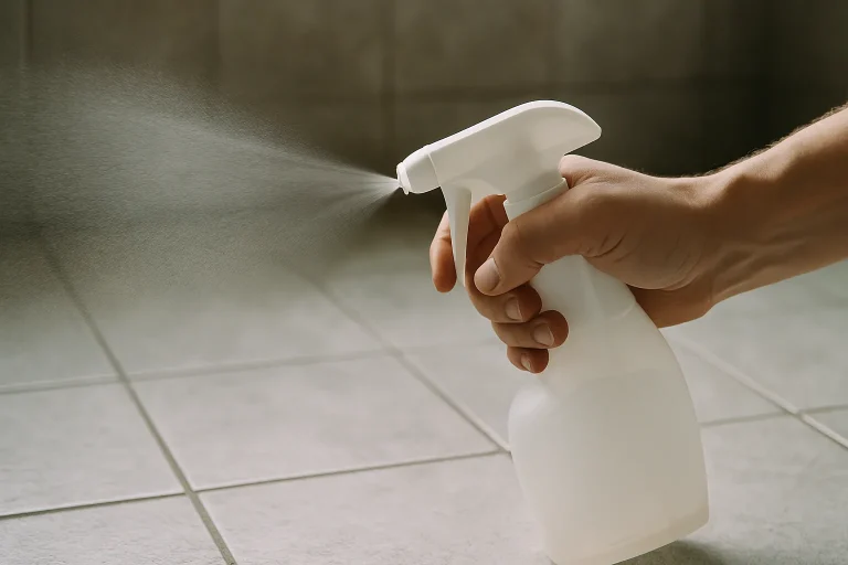 Main utilisant un spray nettoyant sur un sol carrelé pour éliminer les odeurs de chats.