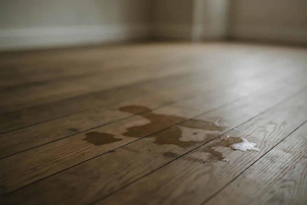 Parquet en bois montrant des traces de contamination par des fluides biologiques
