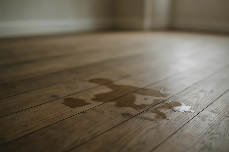 Parquet en bois montrant des traces de contamination par des fluides biologiques
