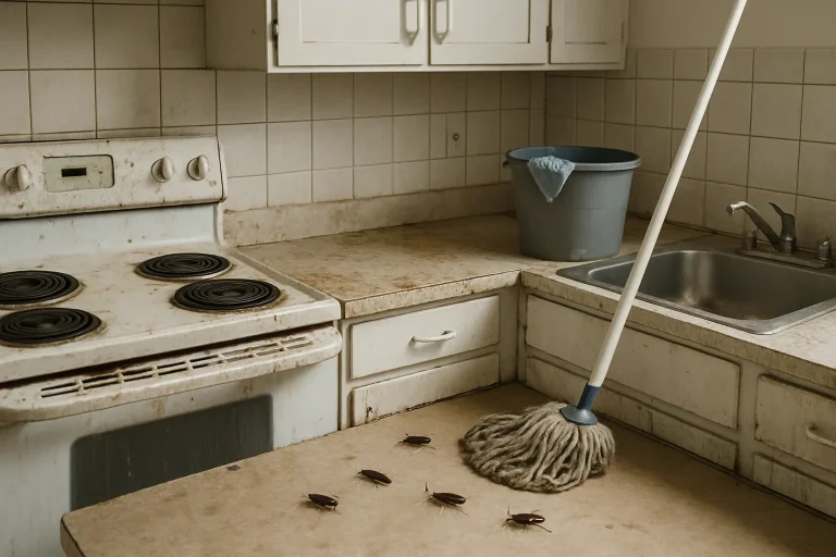 Cuisine insalubre avec blattes sur le sol et surfaces graisseuses, outils visibles.
