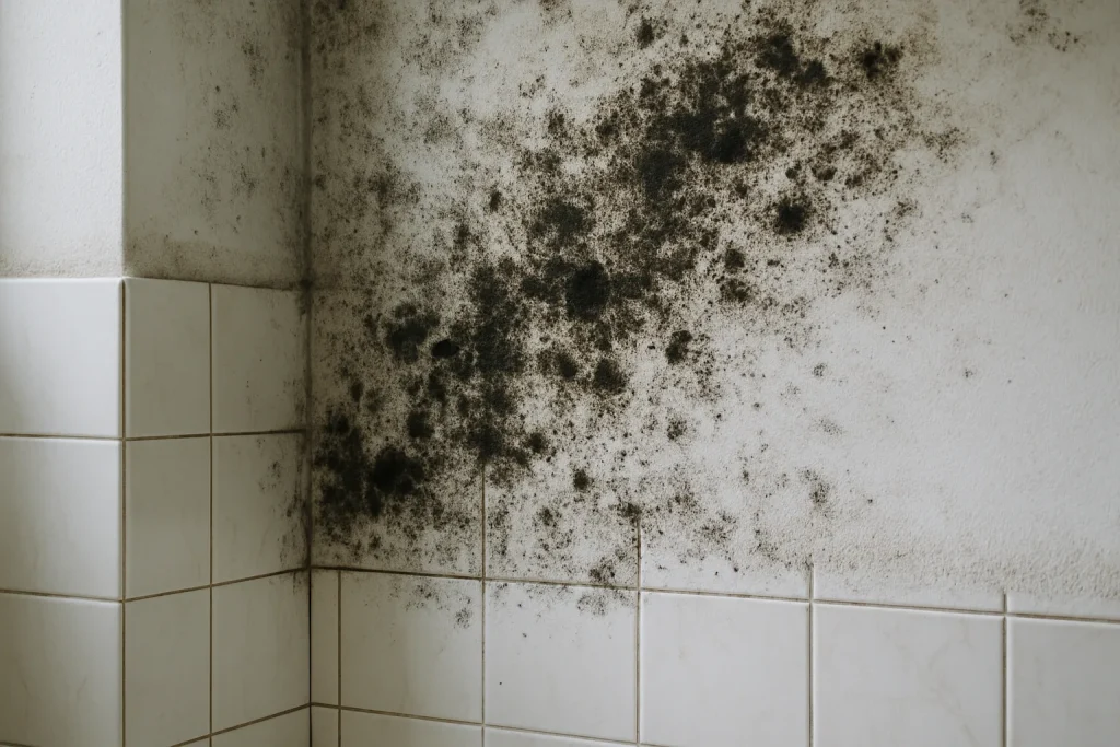 Gros plan sur un mur de salle de bain avec des moisissures noires, lumière naturelle.