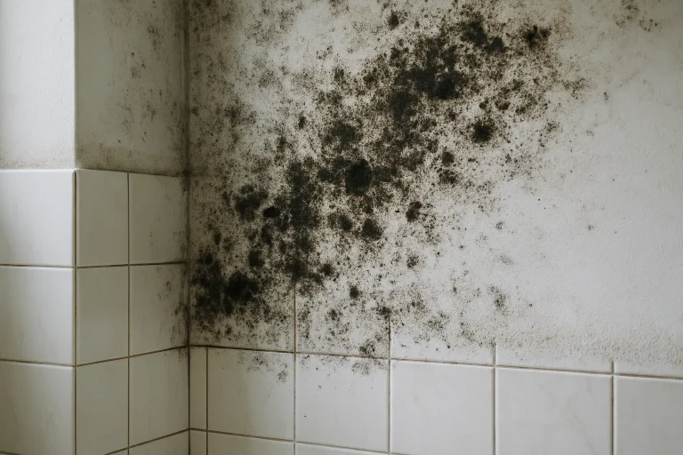 Gros plan sur un mur de salle de bain avec des moisissures noires, lumière naturelle.