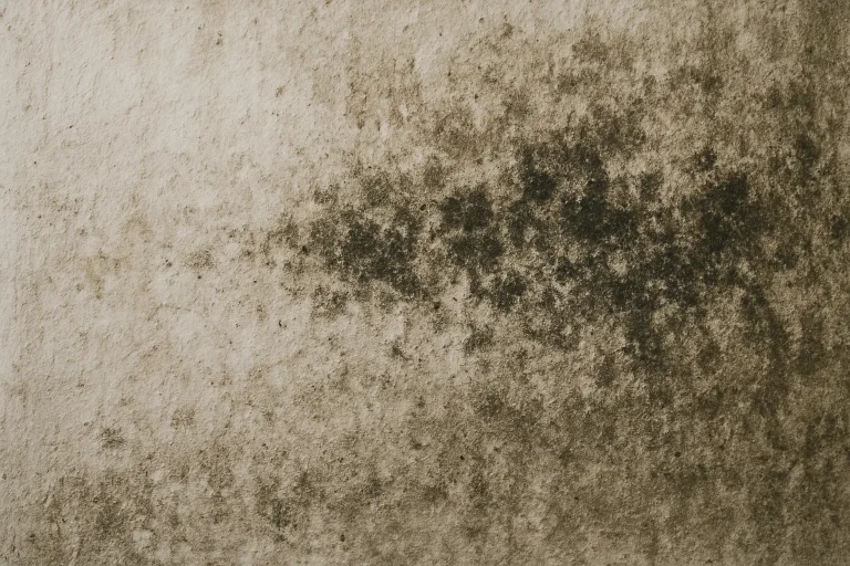 Surface murale montrant salissure ancienne et moisissures actives, textures visibles.