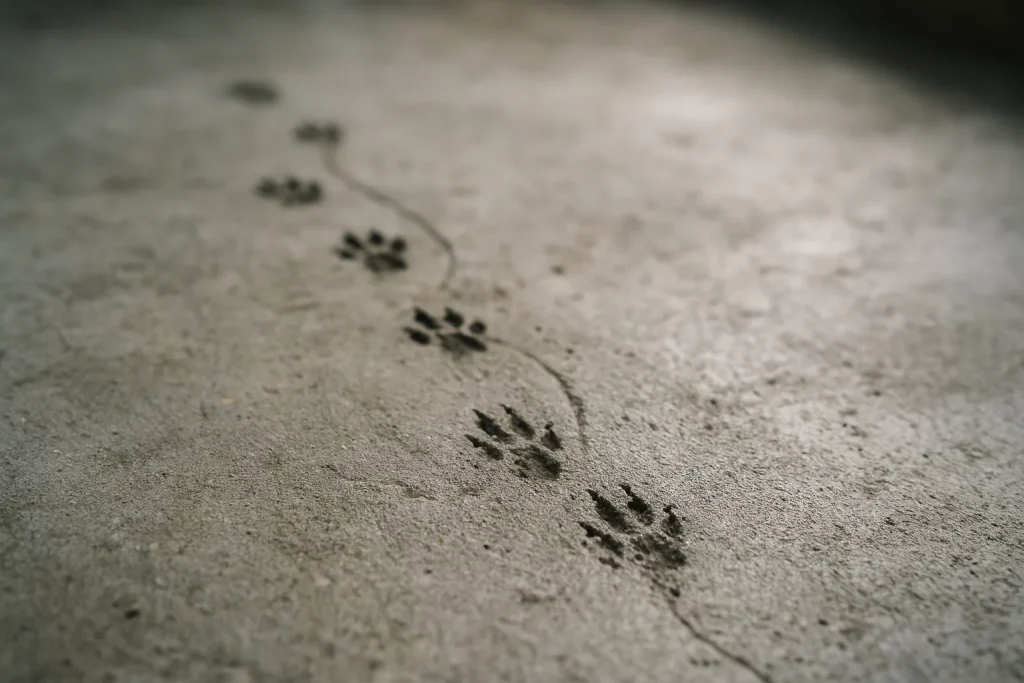 Empreintes de rats sur le sol en béton d'une cave, lumière naturelle.