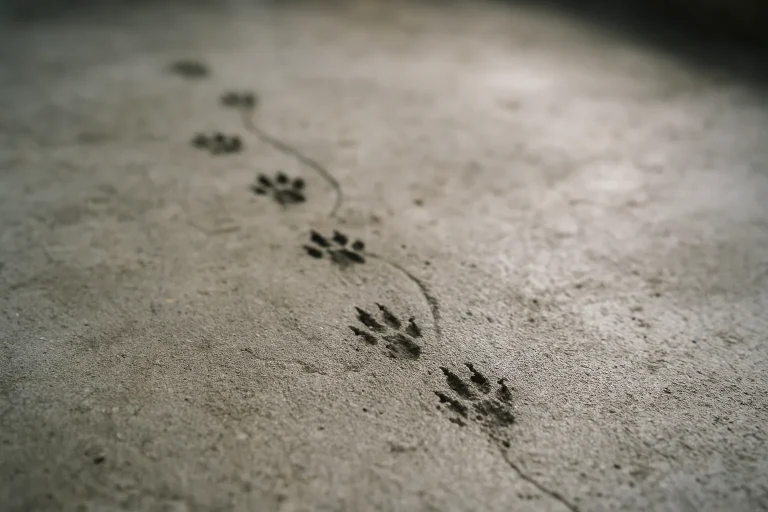 Empreintes de rats sur le sol en béton d'une cave, lumière naturelle.