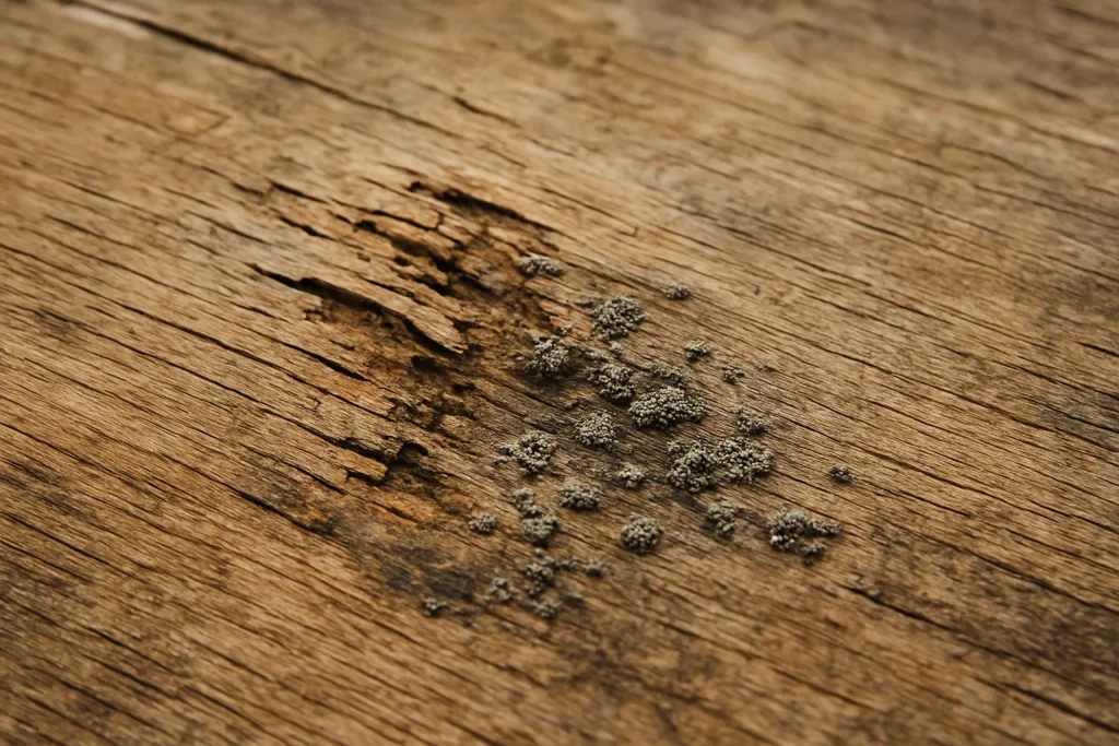 Surface en bois avec moisissures visibles, éclairage naturel, textures détaillées.