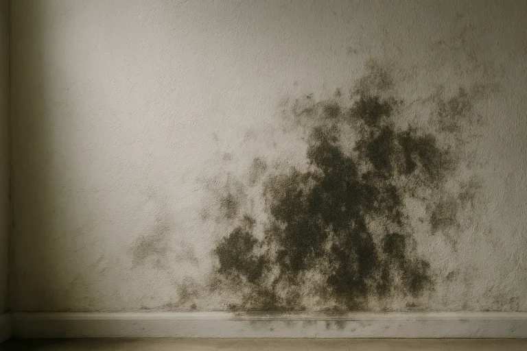 Mur intérieur avec des taches sombres causées par l'humidité, éclairage naturel.