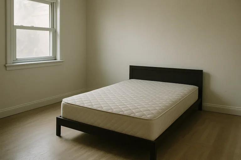Chambre vide avec matelas nu, éclairage doux, traces de nettoyage sur le sol.