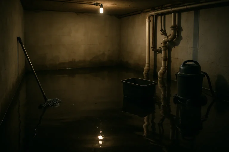 Sous-sol inondé par des eaux noires, reflets de lumière sur l'eau, tuyaux et outils visibles.