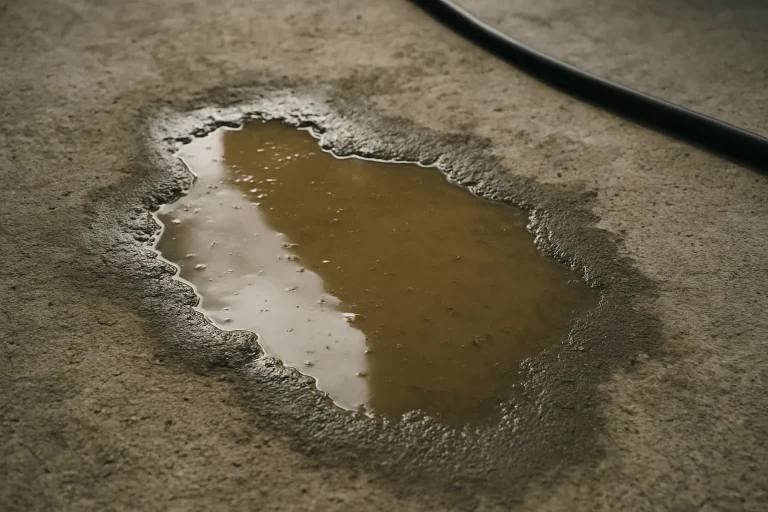 Flaque d'eau usée sur sol en béton, tuyau visible, lumière naturelle