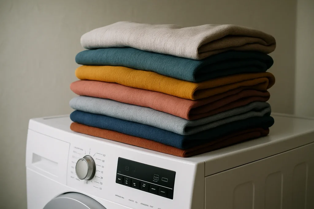 Pile de vêtements sur une machine à laver, lumière naturelle, détails des tissus.
