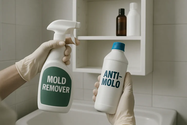 Mains gantées utilisant des produits anti-moisissures dans une salle de bain, armoire à pharmacie visible.