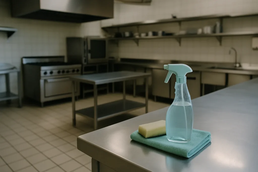 Cuisine professionnelle vide avec outils de nettoyage sur le comptoir, éclairage doux.