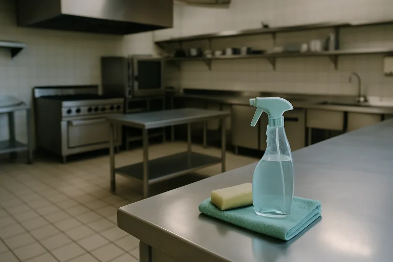 Cuisine professionnelle vide avec outils de nettoyage sur le comptoir, éclairage doux.