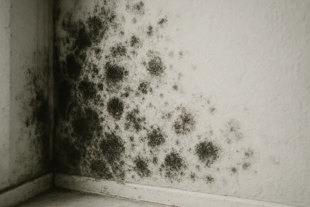 Mur intérieur avec moisissures, image noir et blanc, détails visibles.
