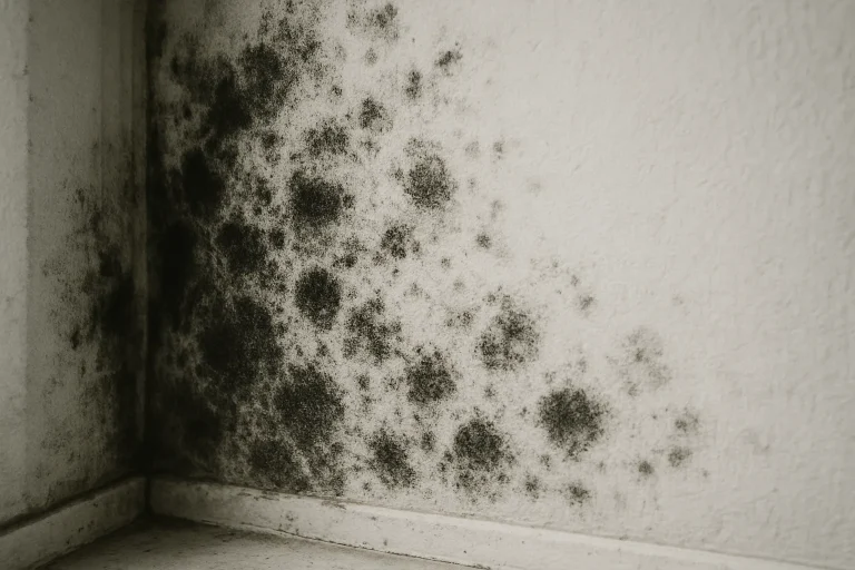 Mur intérieur avec moisissures, image noir et blanc, détails visibles.