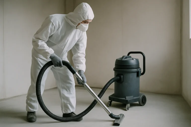 Personne en tenue de protection intégrale utilisant un aspirateur industriel dans un espace clos.