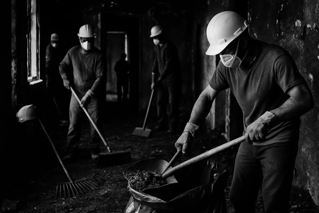 Équipe de nettoyage intervenant dans un bâtiment endommagé par le feu avec des outils.