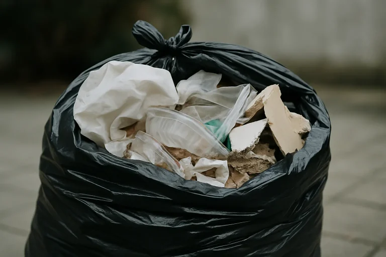 Gros plan d'un sac-poubelle noir rempli de déchets domestiques, éclairage naturel.